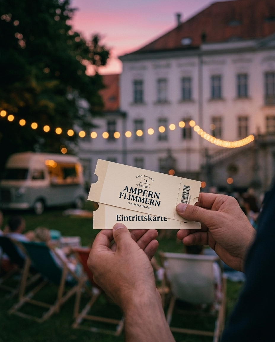 Hände halten zwei Ampernflimmern Kinotickets