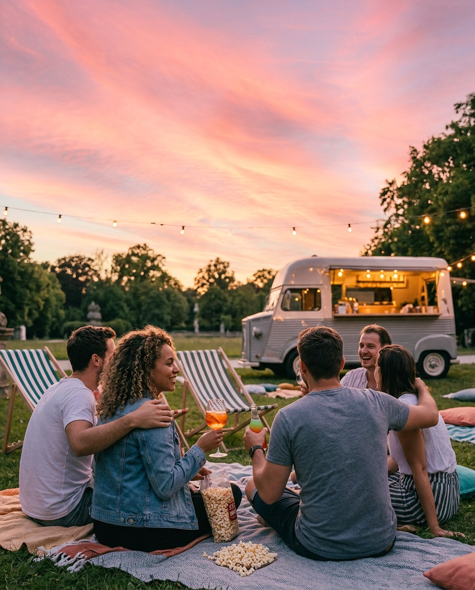 Freundesgruppe beim Sonnenuntergang vor dem Foodtruck